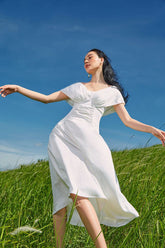 Off Shoulder Ruched Linen Dress with Soft Draped Bodice and Flowy Skirt